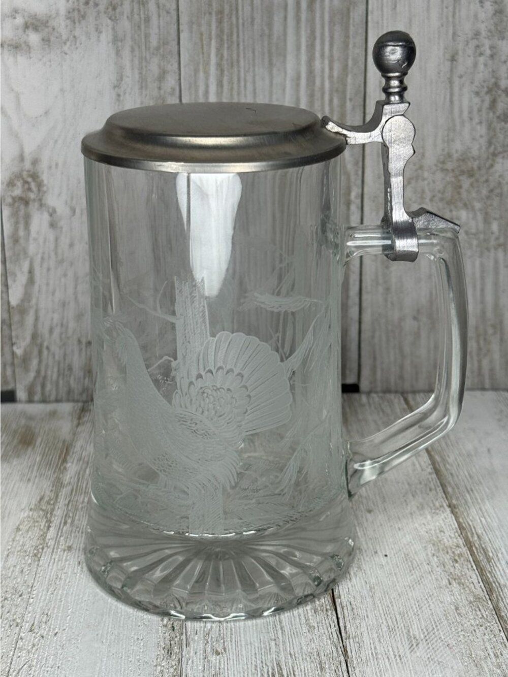 Vintage FIYE Italy Etched Glass Beer Stein with Hinged Pewter Lid